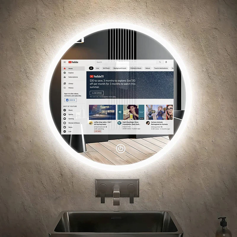 

Wholesale Bath Mirrors Android Bathroom Hanging Cheap Price LED Backlit Light Round Hotel Tv Mirrors Smart Mirror Tv