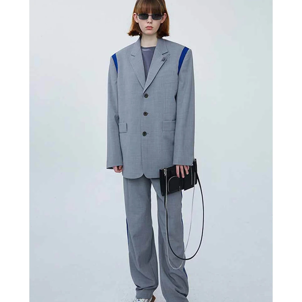 

Oversized Gray Blazer Set Women Matching Two-Piece Suit with Blue Patchwork on Shoulder Outer Side of Pants Casual Streetwear