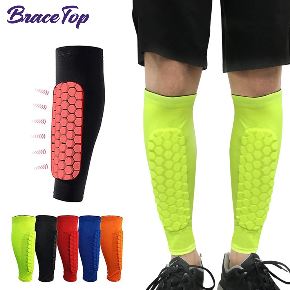 BraceTop 1Pair Soccer Shin Guards Shin Pads for Kids Youth Adult,Calf Compression Sleeve with Honeycomb Pads,Shin Splint Support