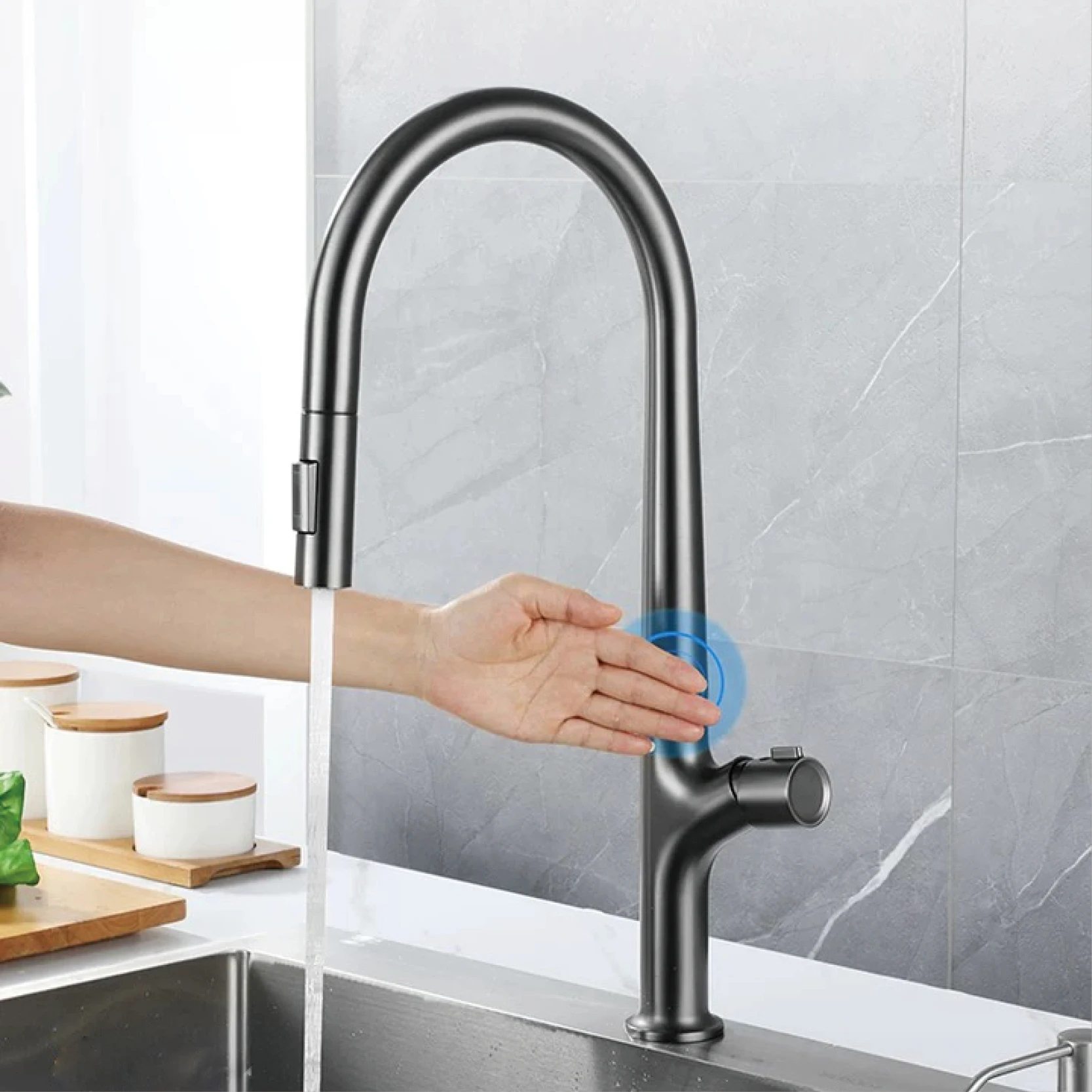 Sensor Touch Pull Out Kitchen Faucet Gun Gray Brass Hot Cold Water Mixer Sink Tap 360° Swivel Sprayer Modern Deck Mounted Tap