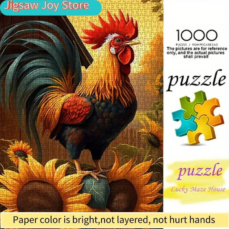 

Набор для творчества: Пазл «Петух и подсолнухи» (1000 элементов) - Высококачественный картон, яркая сельская сцена с курами и подсолнухами