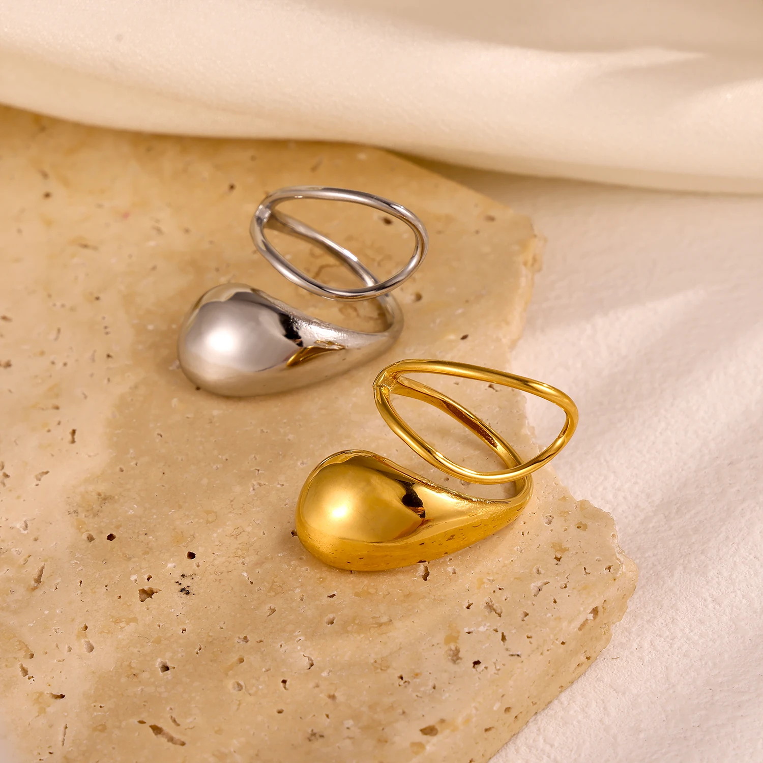 مجوهرات CARLIDANA قطرة الماء من الفولاذ المقاوم للصدأ حلقة مفتوحة مطلية بالذهب عيار 14 قيراط للنساء خاتم مبالغ فيه شخصي بالجملة