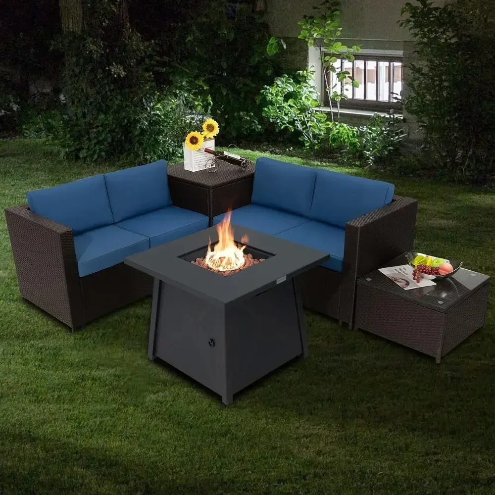 5-Piece Patio Furniture Set with Propane Fire Pit, Wicker Sectional with Cushions, Storage, and Glass Coffee Table