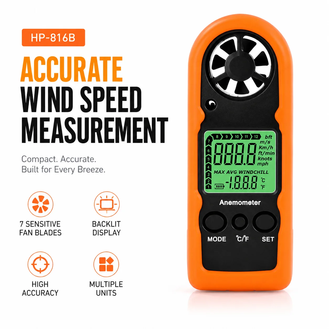 

BTMETER Handheld Digital Anemometer Wind Gauge Wind Speed Temperature Meter with Backlight LCD for Outdoor HVAC Testing