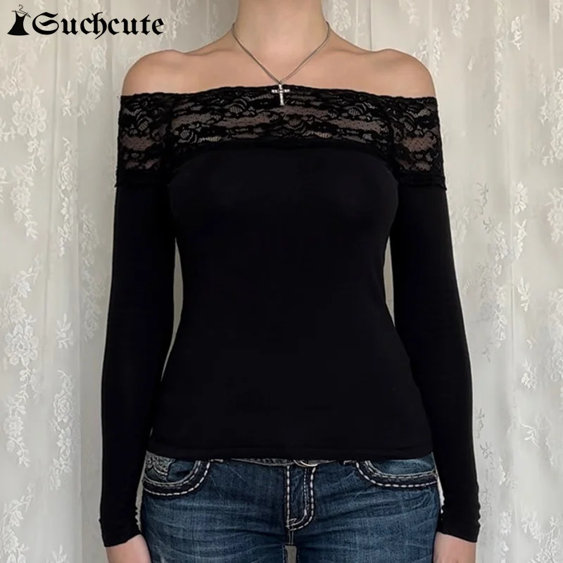 SUCHCUTE Off-shoulder Top Solid Full Sleeve Vintage Lace Sexy Skinny T-Shirts for Women Harajuku Elegant Casual Tees Autumn 2024