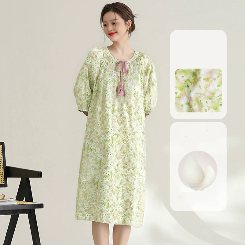 

Новая женская ночная сорочка весна-лето 2026: милая длинная ночная рубашка с рукавом до локтя, со встроенными чашечками, больших размеров, из бамбукового волокна, для дома