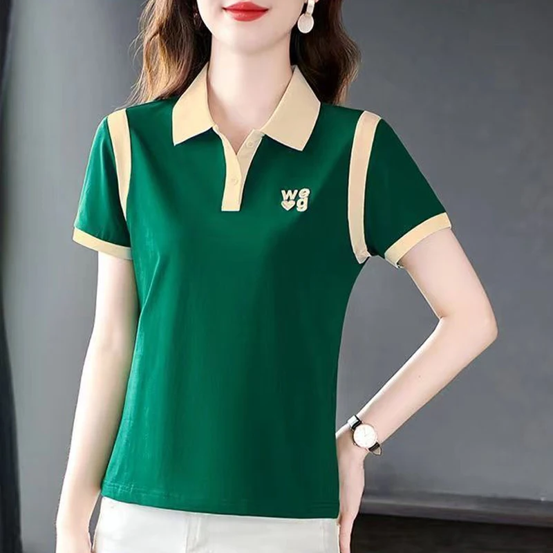 Women Clothing 2024 Summer Korean Fashion Contrast Color Short Sleeve Polo T-shirt Elegant Letter Embroidery Button Sports Tops