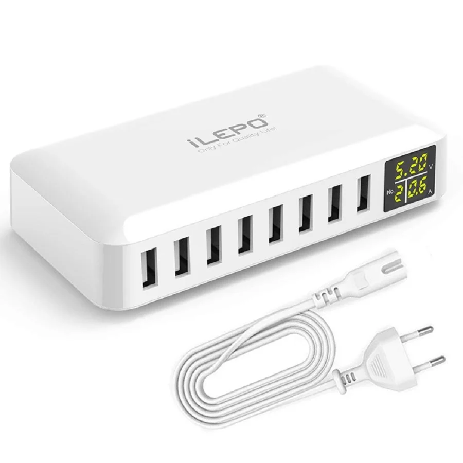 Estación de Carga USB de 40W/12A, Hub de Carga Rápida QC3.0 de 8 Puertos con Pantalla LED, Cargador de Escritorio para Múltiples Dispositivos iPhone Samsung