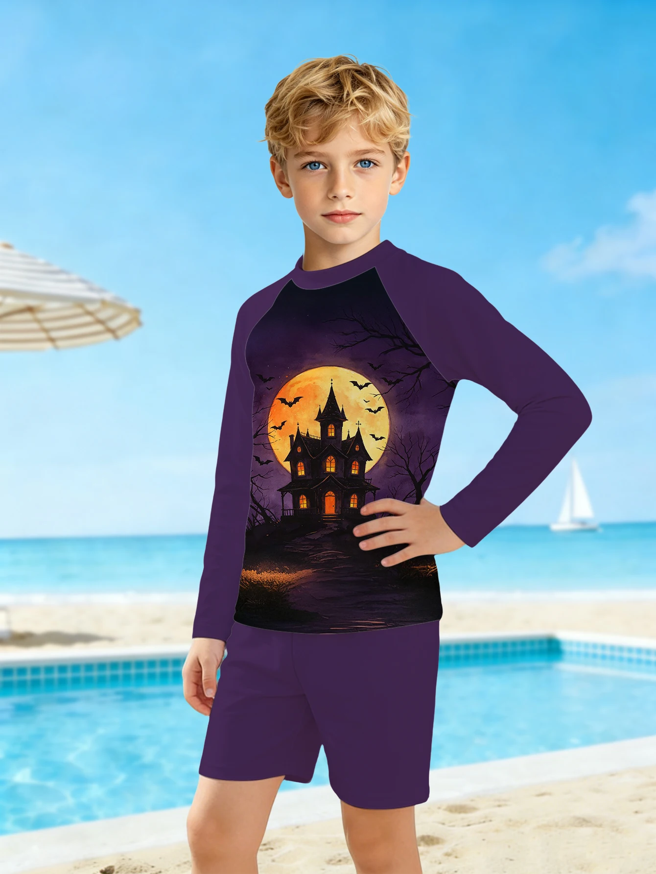 Boys' Summer Style Haunted House Fashion Two-piece Long Sleeved Swimsuit