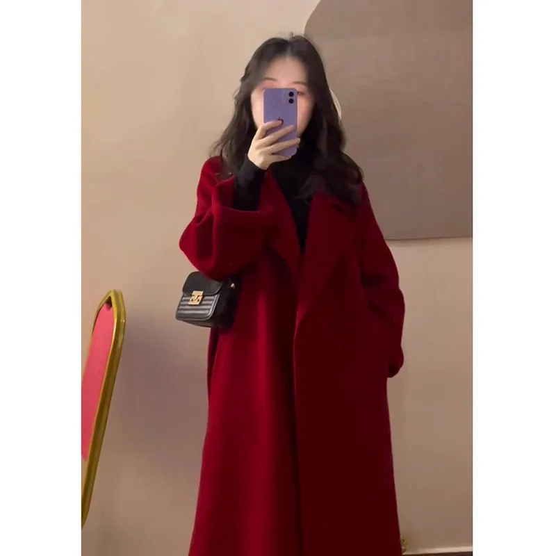 

Ele красное шерстяное пальто Hepburn Sle, женское модное пальто, элитный размер, весна-осень, Новое поступление, одинарная пуговица, длинное...