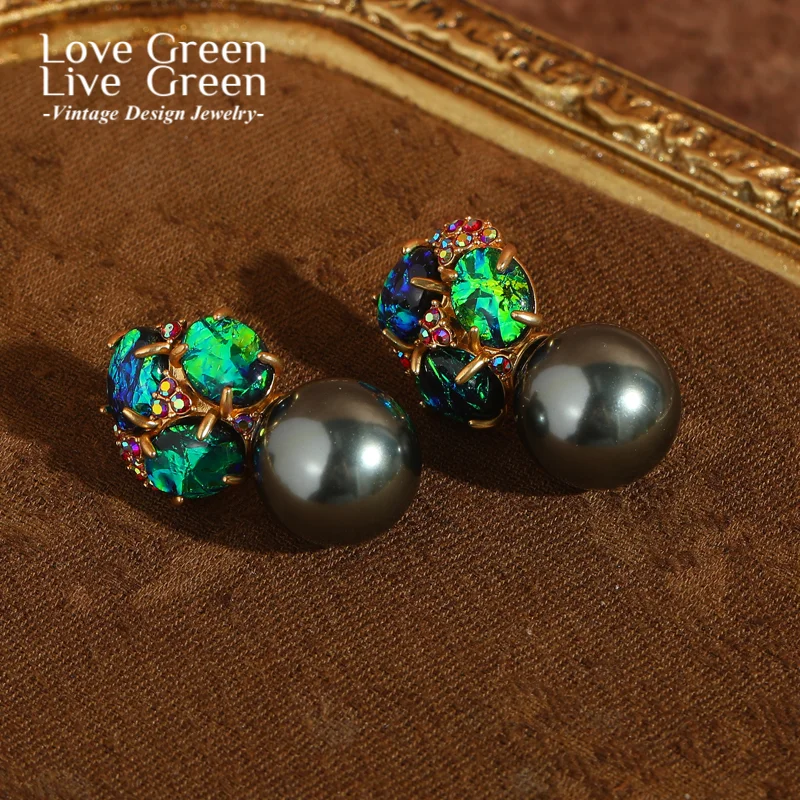 

Vintage Green Three Leaf Opal Pearl Earring Stud Grey Gold Color Rhinestone Jewelry Making Materials Designer Quality Wedding
