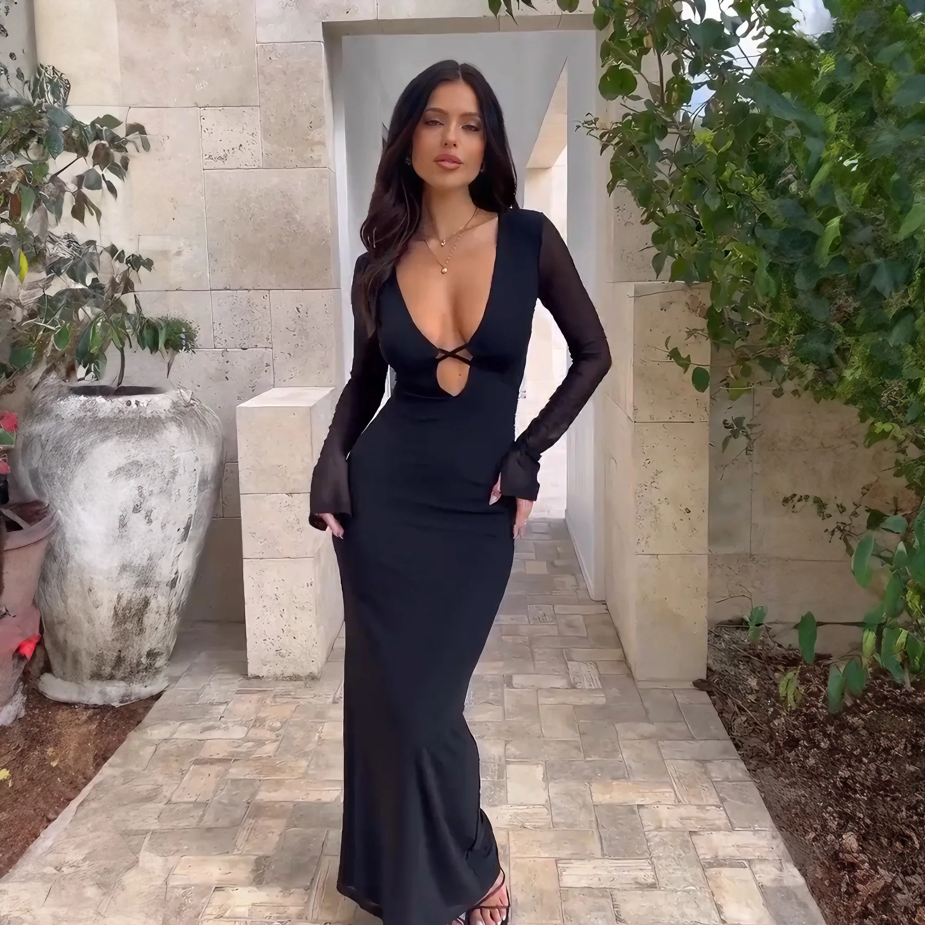 

Sexy Dresses For Women Deep V-neck Backless 2025 Spring Summer Elegant Party Evening Long Dress Vestidos Streetwear Robe Femme