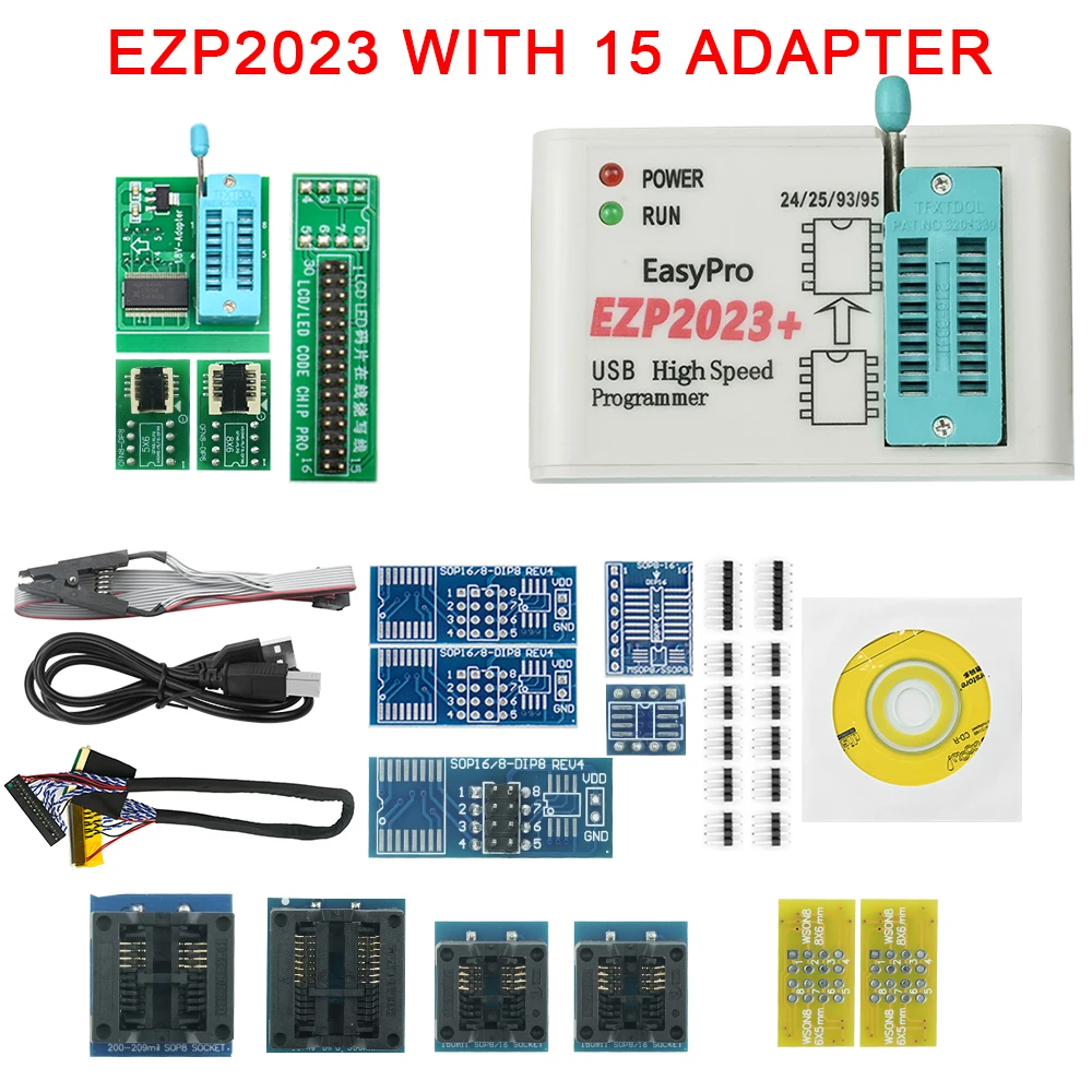 Original CH554T EZP2023 USB SPI Programmer +12/18/15 Adapters support WIN7&8 64bit 24 25 93 95EEPROM 25 flash bios chip