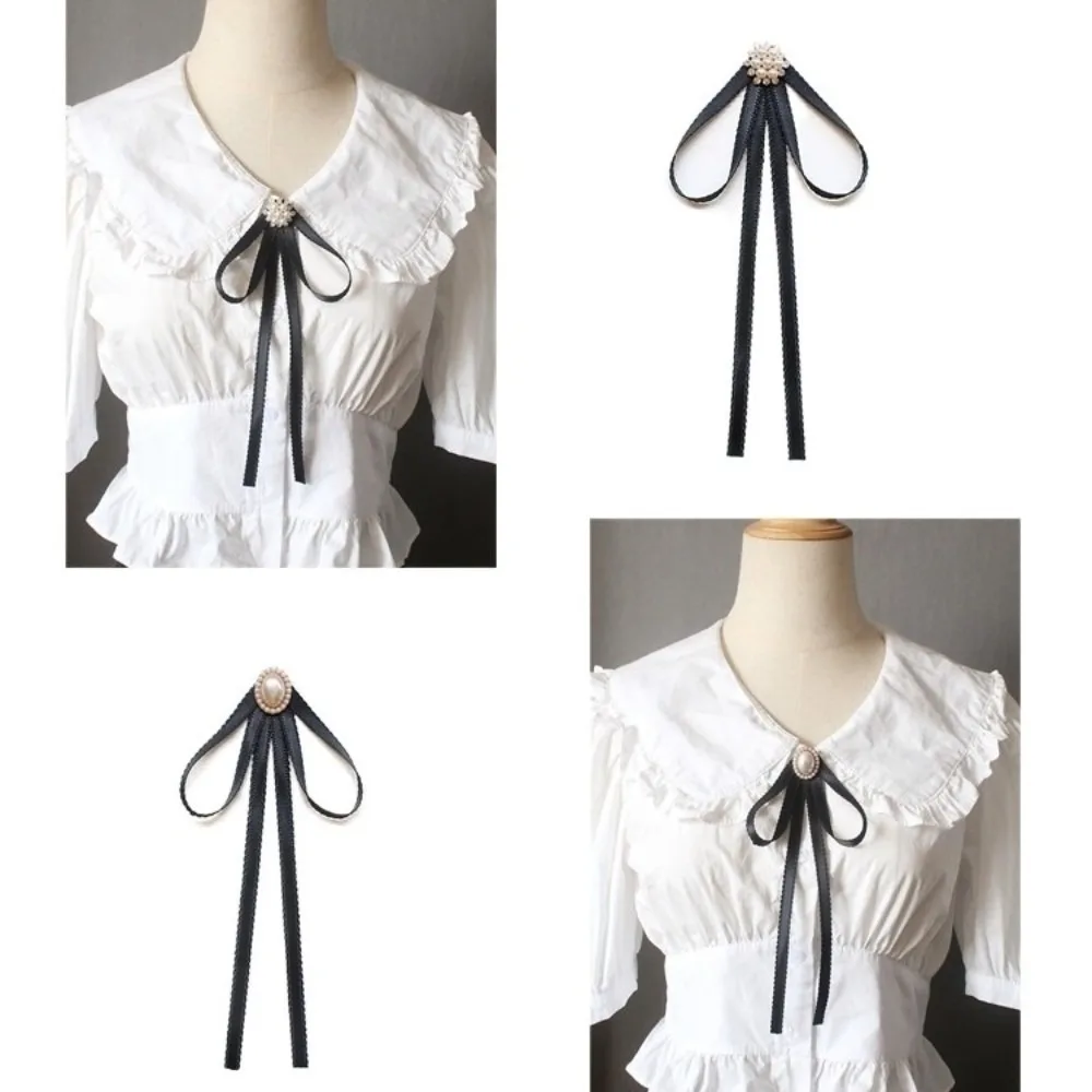 الحلو بلون أسود الشريط دبوس الراين متعدد الطبقات الأسود القوس ربطة العنق اللؤلؤ لوليتا الشريط شارة بروش القمصان