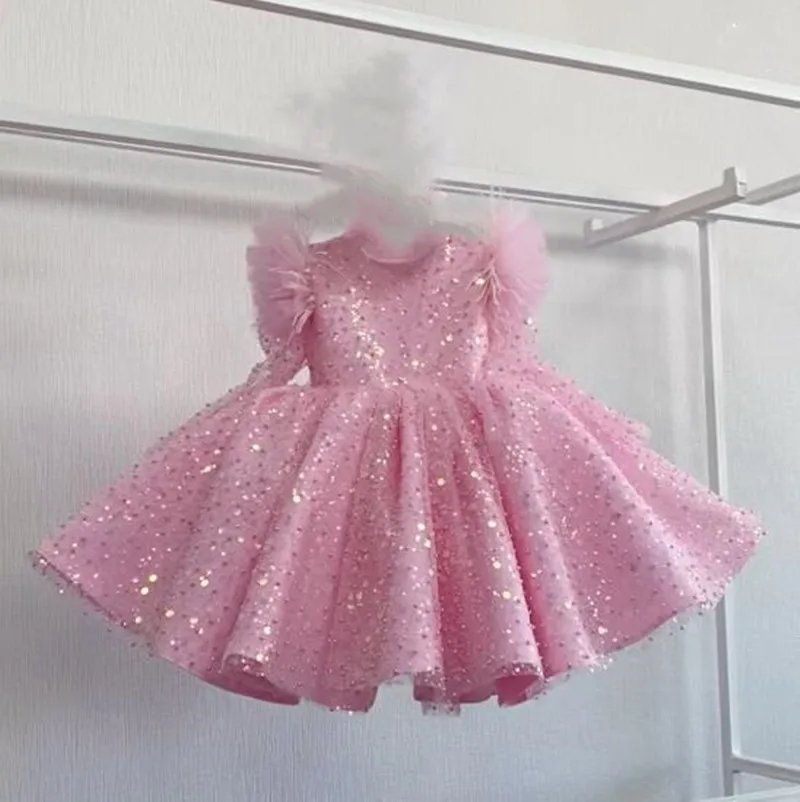 MVOZEIN Pink Flower Girl Dresses Glitter Puffy Girl Dress Sparkly Long Sleeves Child Kid's Dress Wedding Party Dress Gown