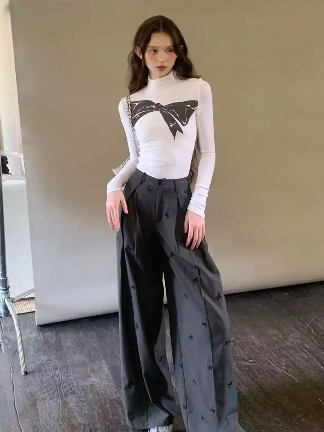Korean Style Bow Embroidered Wide Leg Casual Pants Women Spring New Versatile High Waist Straight Cargo Pants Women Office Lady