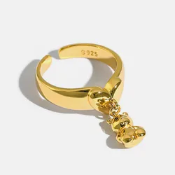Ins Korean Cute Cartoon Mini Bear Pendant Rings for Women Gold Silver Plated Love Heart Open Ring Jewelry Anillo Whole Sale
