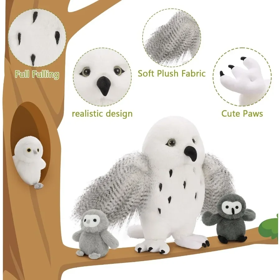 4Pcs Owl Plush Set Giant Mother Owl Stuffed Animal with 3 Baby Owls Inside 18 Cute White Soft Stuffed Owl for Girls Boys Ideal