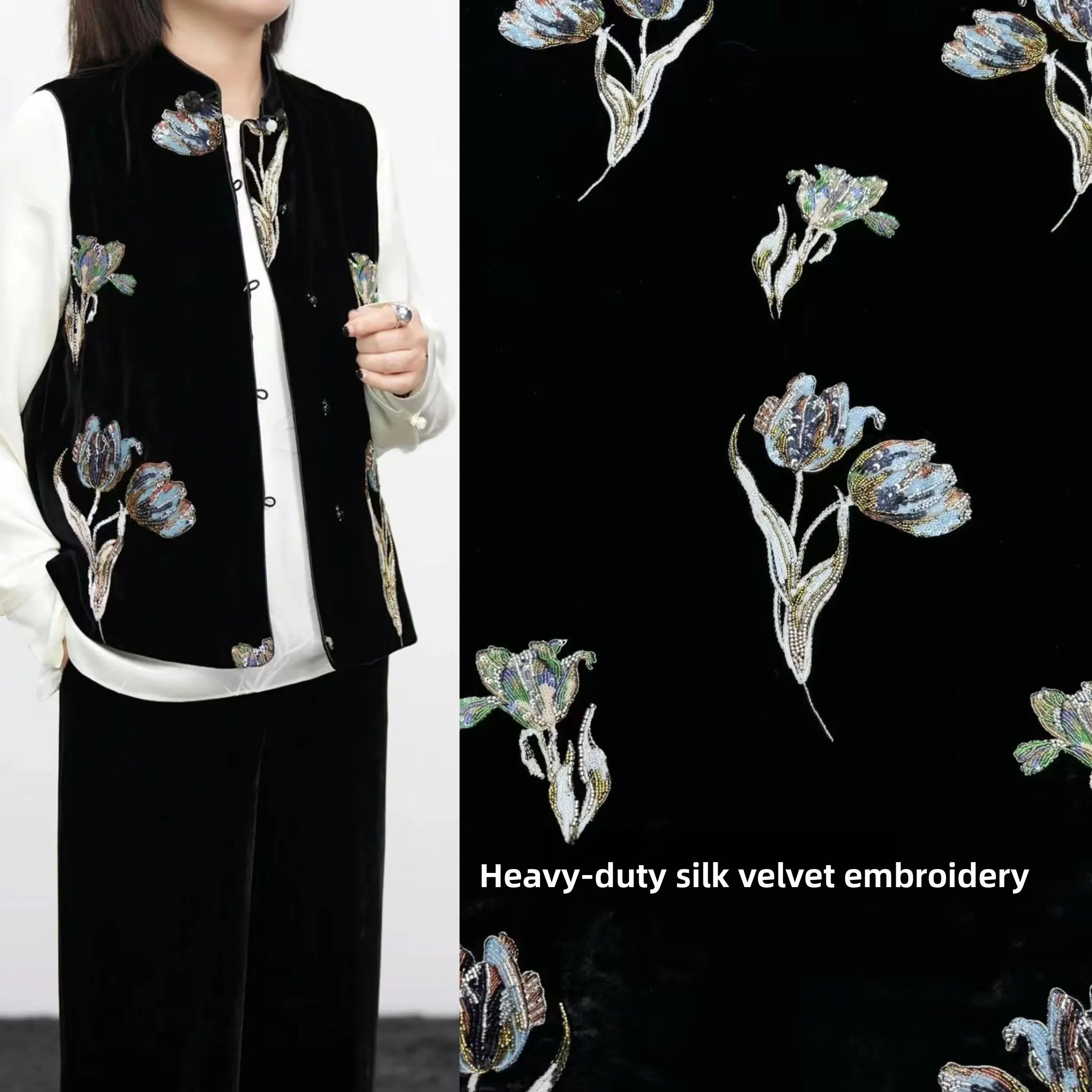 

Early Autumn New Tulip Heavy Embroidery Silk Velvet Fabric High-Defn Vest Jaet Silk Material