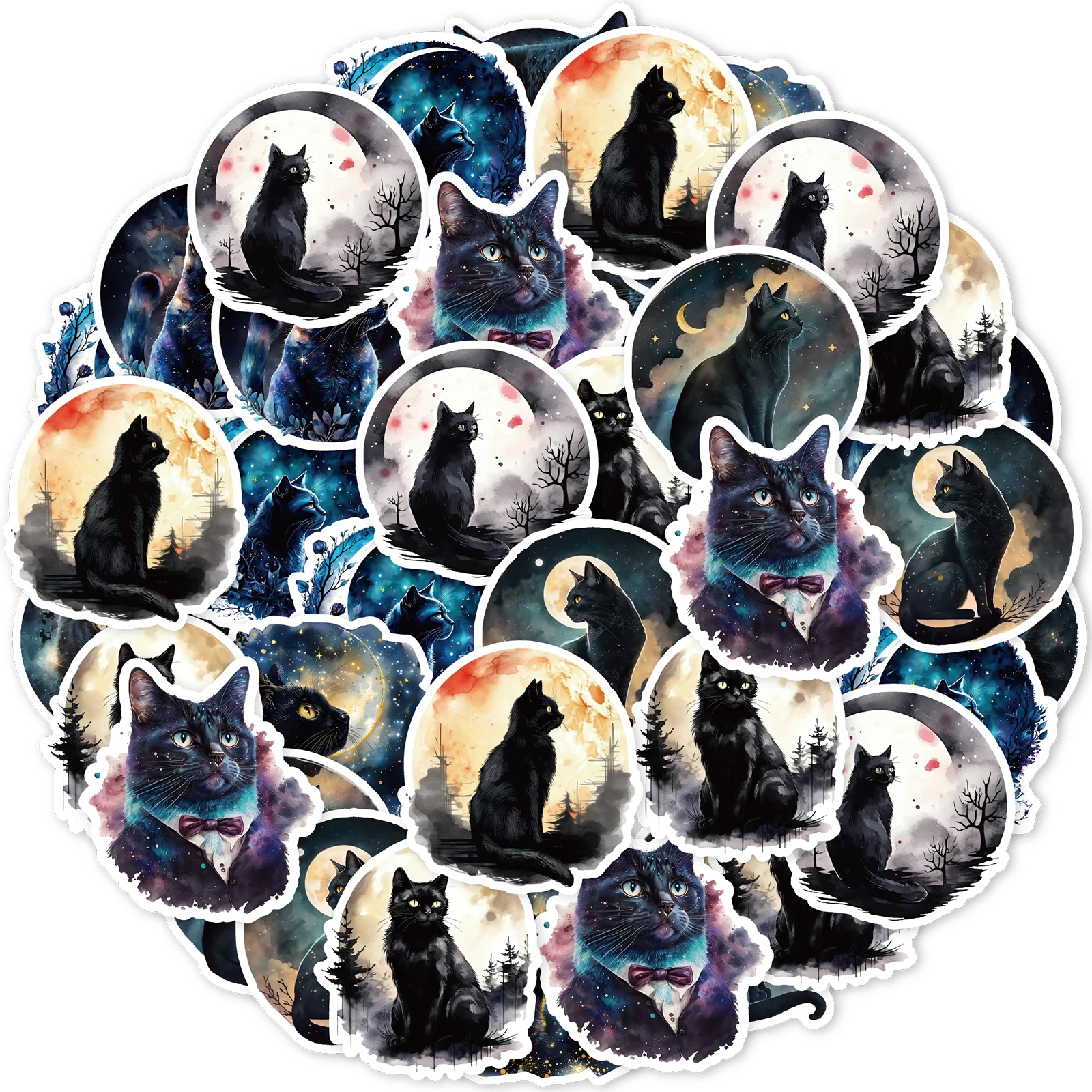 Autocollant chat noir rétro au clair de lune, 20 pièces, pour ordinateurs portables, bouteilles d'eau, valises, téléphones et Ipads, fournitures scolaires, autocollants