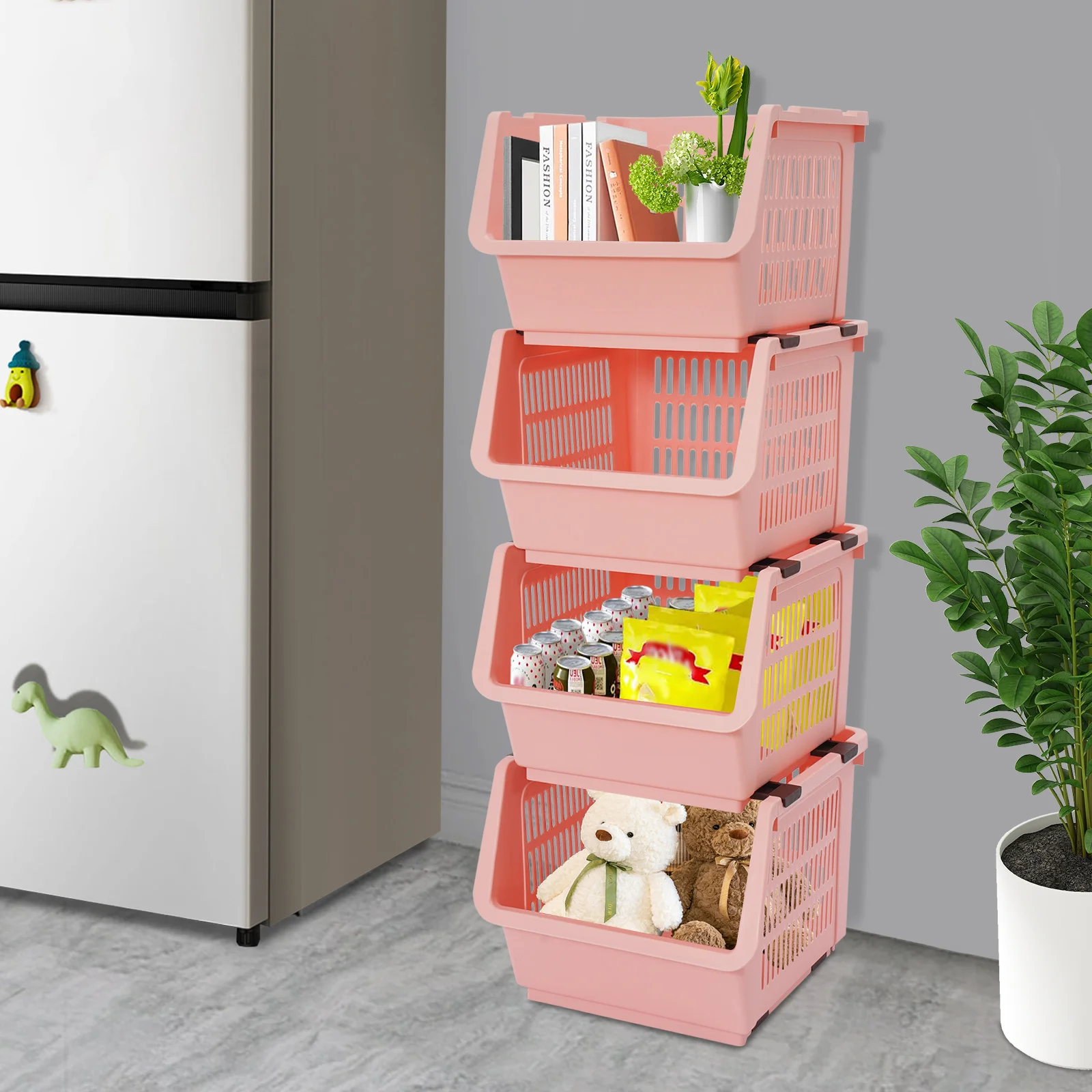 4 عبوات من سلال تخزين كبيرة قابلة للتكديس، صناديق تنظيم PP مستطيلة باللون الوردي، أرفف خزانة منزلية متعددة الأغراض، سعة 55 رطلاً #2
