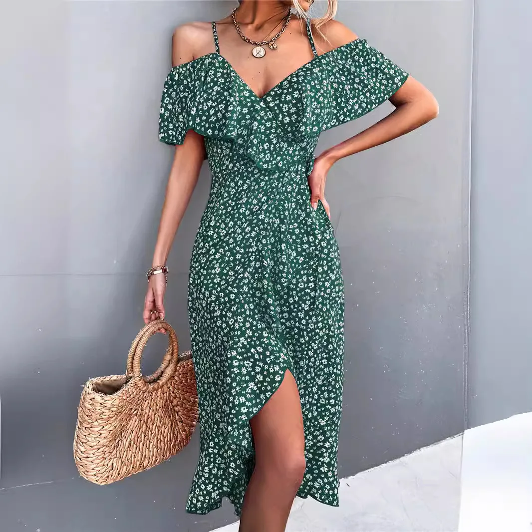 

Весенне-летняя новая женская одежда выглядит тонким платьем на одно плечо с цветочным принтом на подтяжках, длинное нестандартной формы