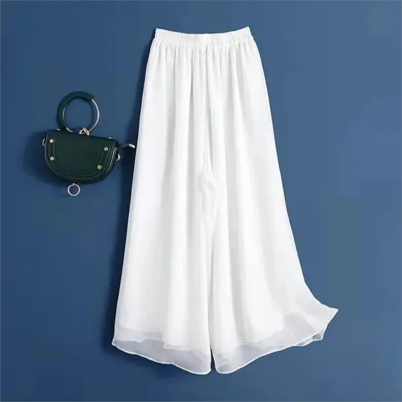 

Fashion Woman Casual Chiffon Wide Leg Pants Big Size Loose Solid White Elastic Band High Waist Female Clothing Oversize Trousers