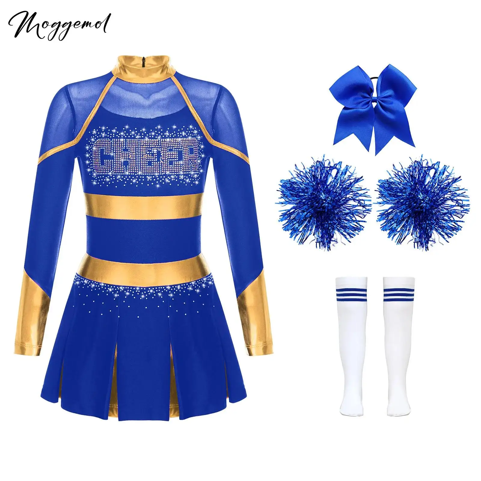 Girls Cheer Leader Dress Set Cheerleading Rhinestones Letter Pattern Metallic Contrast Color Patchwork Long Sleeve Pleated Dress