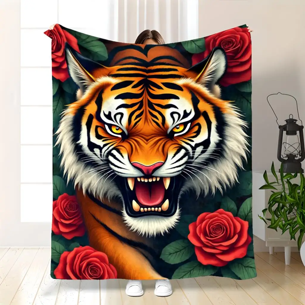 Giant Tiger and Rose Floral Print Throw Blanket 150x200cm Decorative Jungle Animal Cozy Home Bedspread