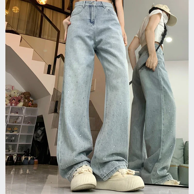 Women Designer Straight Leg Denim Pants Lady Bling Sequins Loose Comfortable Wide Leg Jeans Girls y2k 2000s Light Blue Trousers