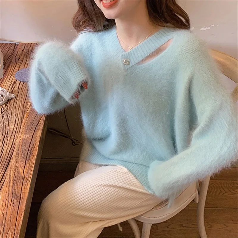 Fluffy Sweaters Women Hollow Out Solid Languid Loose Minimalist Hipster Daily All-match French Style Elegant Pullover Streetwear