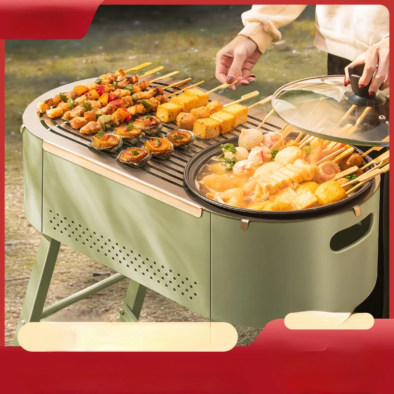 Barbecue Oven Household Barbecue Grill Outdoor Carbon Baking Stove Charcoal Roast and Instant Boil 2-in-1 Pot Hot Pot Meat