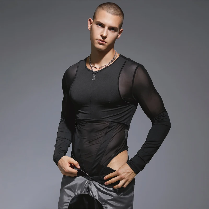 Men Bodysuits Mesh Patchwork Zipper O-neck Long Sleeve Streetwear Transparent Rompers 2023 Sexy Fashion Male Bodysuit INCERUN