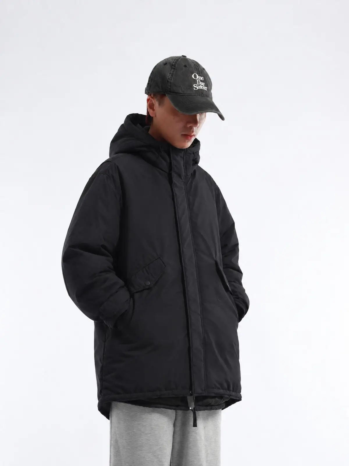 Men's Thickened Duck down Jacket Hooded Mid-Length Workwear Style Winter Coat Warm Windproof Outerwear Long Sleeve Loose Fit