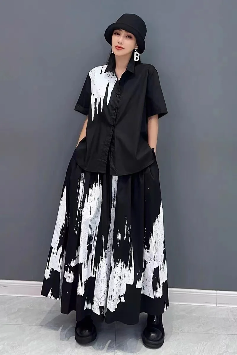 Künstlerisch bedrucktes Sommer-Swe irt- und langer Rock, zweiteiliges Damen-Faion-Set mit Tagl-Design für Sli-Damen