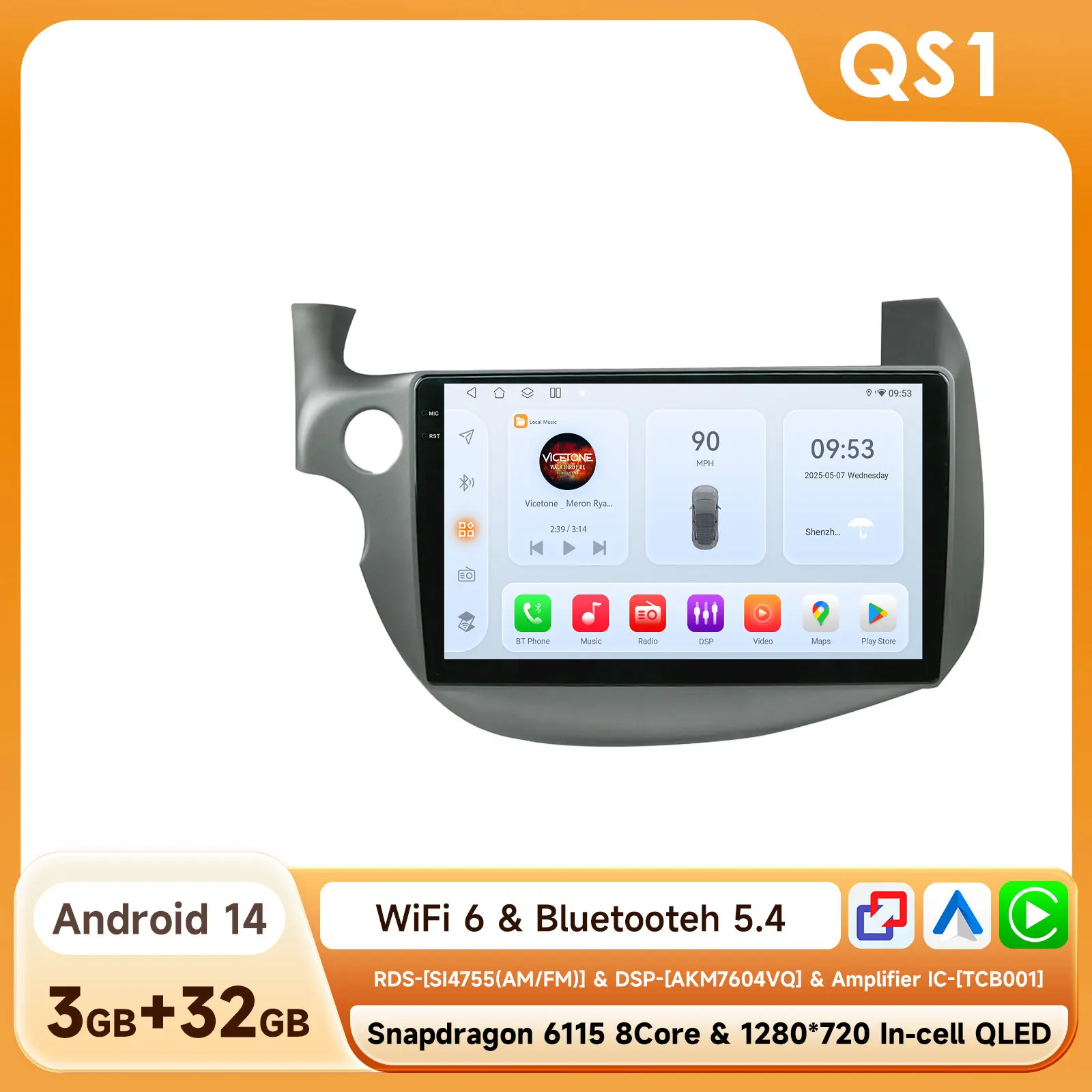 Draadloze CarPlay Android Auto autoradio voor Honda Jazz Fit 2007-2014 Intelligente Systemen GPS Multimedia Stereo Touchscreen 6115