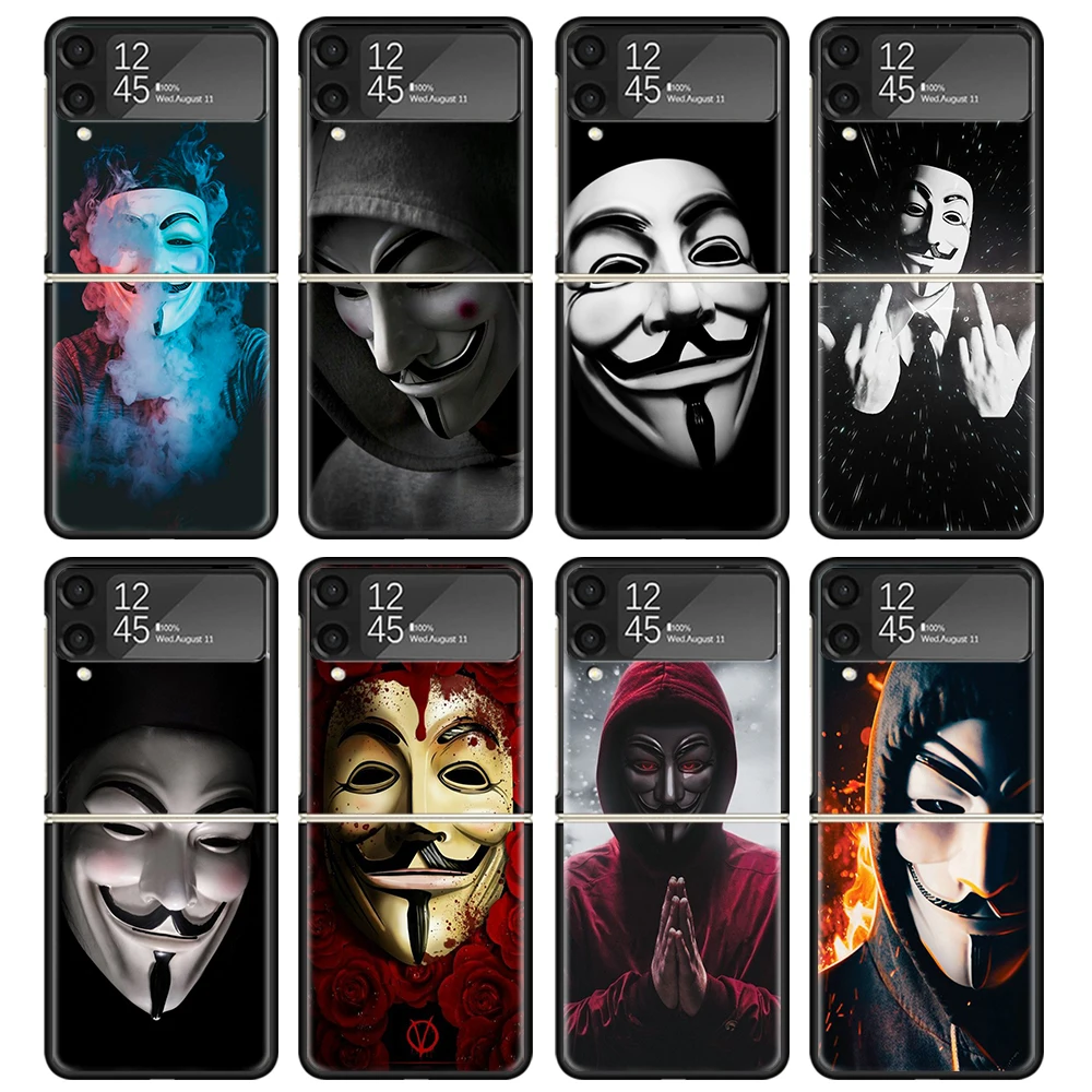 Anonymous V for Vendetta Mask Case For Samsung Galaxy Z Flip 4 5 3 z Flip5 Flip4 5G Hard Phone Cover Flip3 Split Folding Black P