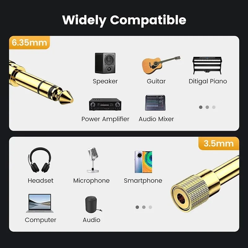 Adaptador de Audio con conector de 6,35mm a 3,5mm, instrumento Musical estéreo, convertidor de sonido Hifi para guitarra electrónica, Piano, efector de auriculares y altavoz