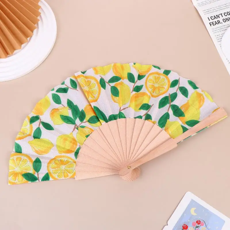 * Lemon Print Folding Hand Fan Fruit Pattern Bamboo Fabric Handheld Fan For Summer Cooling Dance Performance Wedding Party Decor