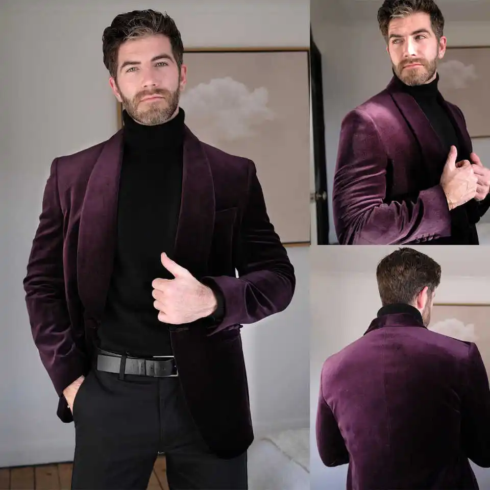 Luxury Purple Velvet Mens Slim Fit Social Suit Wedding Party Dinner Single Button Men's Jacket Business Lapel Blazer Customized