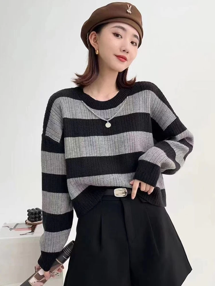 Korean Loose Striped Knitted Sweaters Women Casual Fall Long Sleeve Vintage Pullovers O Neck Simple All Match Lady Retro Jumpers