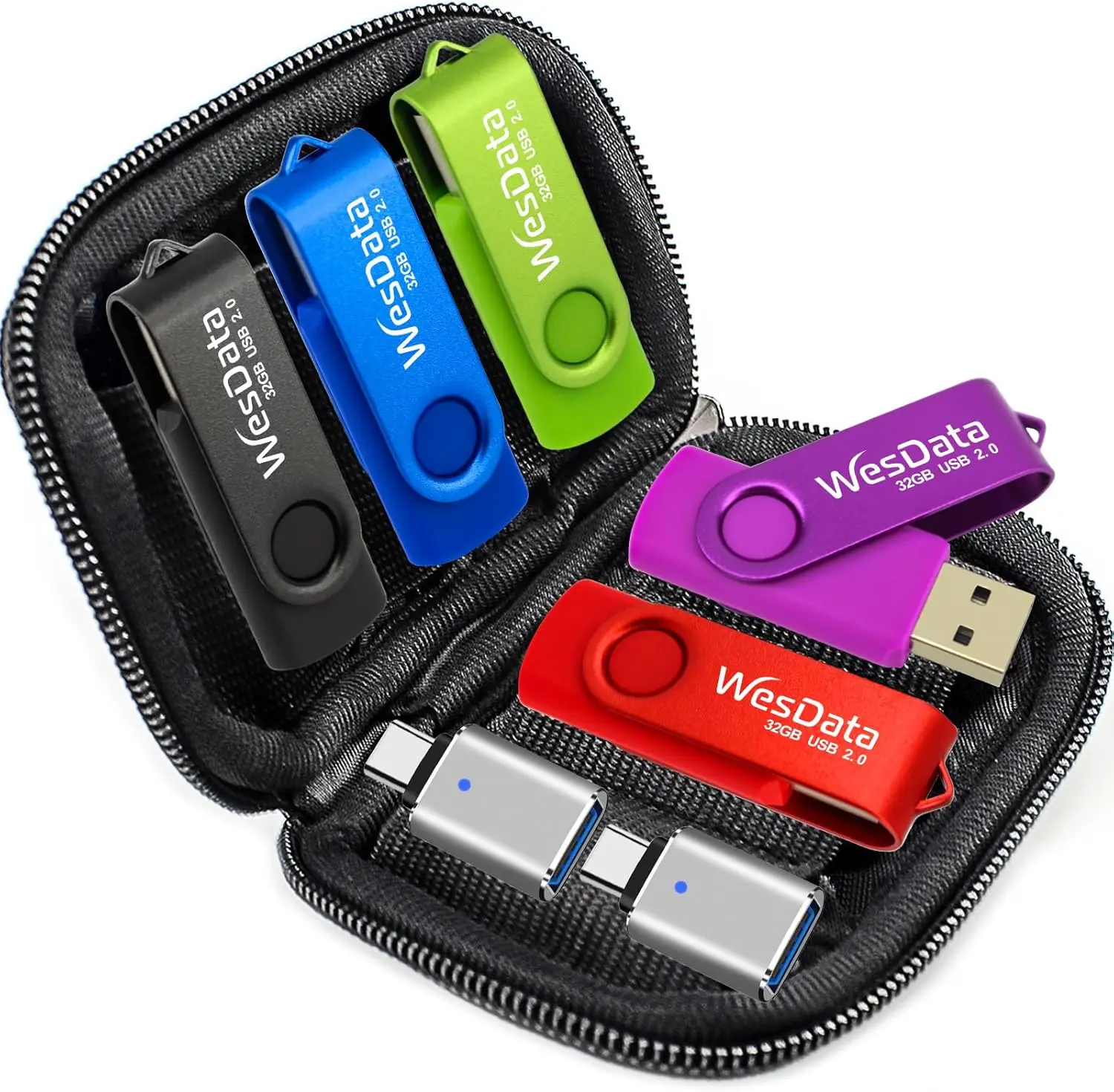 

Набор из 5 USB-флеш-накопителей на 64 ГБ с 2 адаптерами USB-C в кейсе, портативное хранилище для телефонов, ноутбуков, ПК (5 цветов)