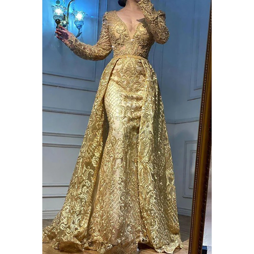 Luxury V Neck Gold Jacquard Women Evening Dress With Train Long Sleeved Custom Made Gown Vestido de novia