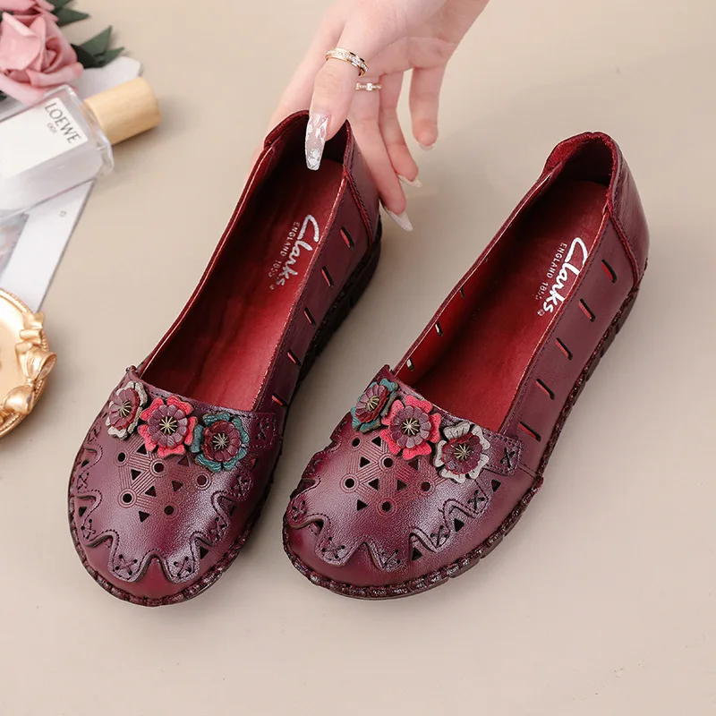 

GKTINOO Vintage Flower Design Round Toe Solid Color Flat Shoes Genuine Leather Women Flats Handmade Women's Shoes Loafers