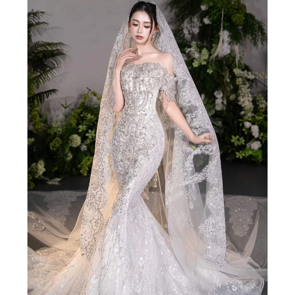 Luxury Strapless Off The Shoulder Wedding Dress Crystal Sequined Embroidery Sheath Fit Customizable Mermaid Gown