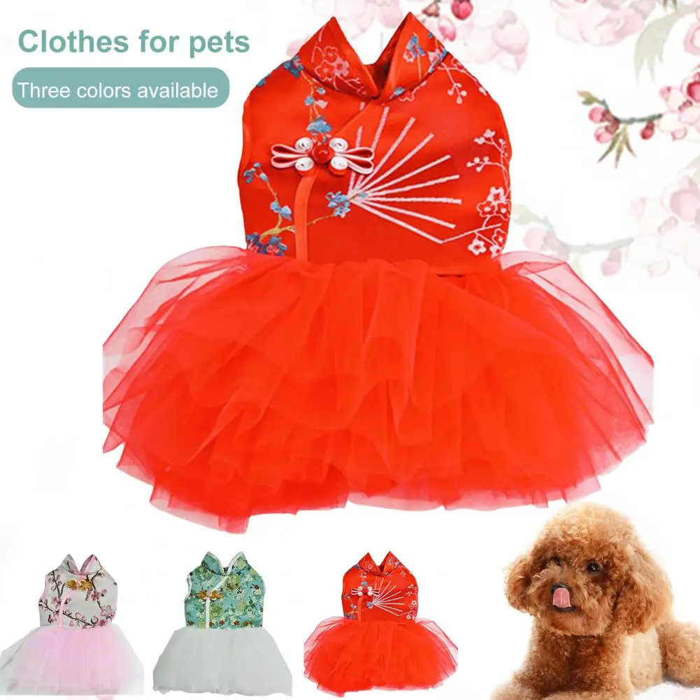 Dog Tang Suit Chinese Style Dress-up Skin-friendly Dogs Cheongsam Flower Pattern V Neck Puppy Skirt Pet Costume For Celebration