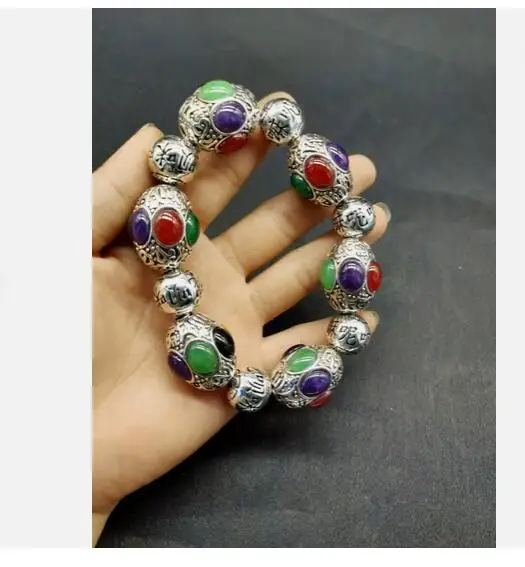 Pulsera de plata de jade con incrustaciones de flor tallada de plata del Tíbet antiguo, rojo, verde, negro