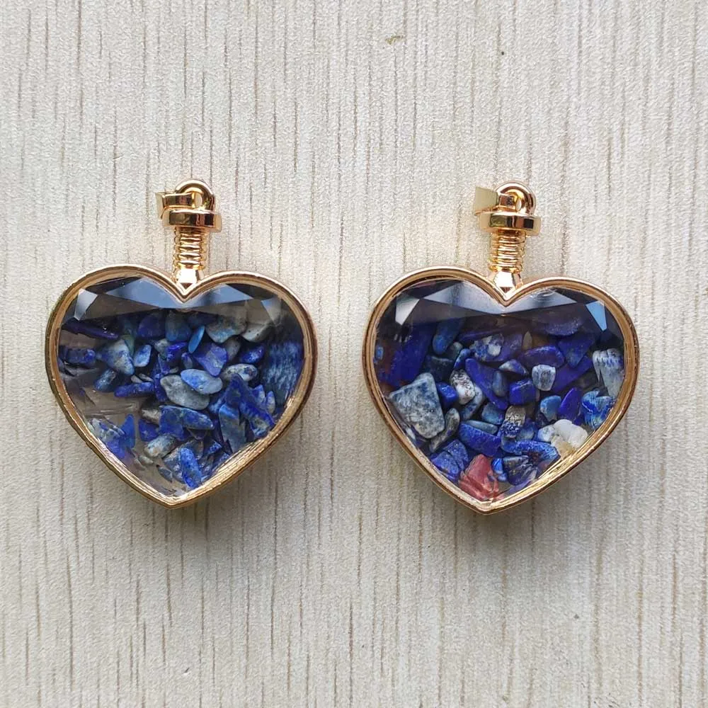 Wholesale 10pcs/lot beautiful natural stone glass heart shape pendulum gold color side pendants for jewelry making free shipping