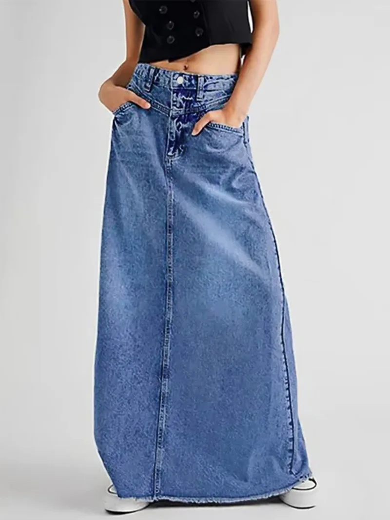 Denim Skirts Women Long Skirt A Line Autumn Elegant Splice Vintage Washed Distressed Y2k Streetwear Work Casual 2026 Summer
