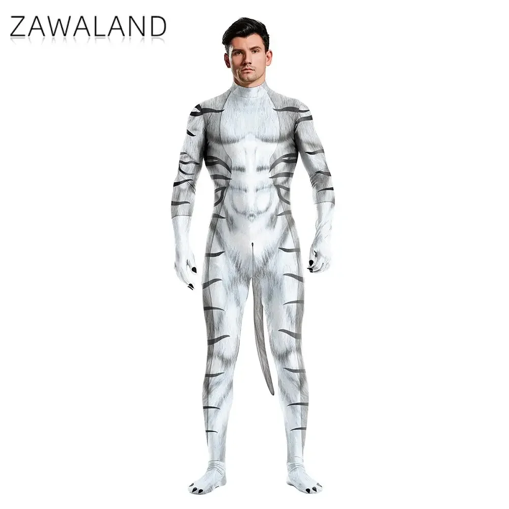 Zawaland Tiger Leopard Cheetah Petsuit for Men Animal Disguise Costume Crotch Zipper Zentai Halloween Carnival Full Bodysuits